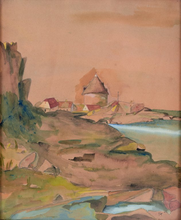 Ubekendt dansk kunstner. Akvarel på papir.Landskabsparti fra Bornholm med rundkirke ved Østersøen.