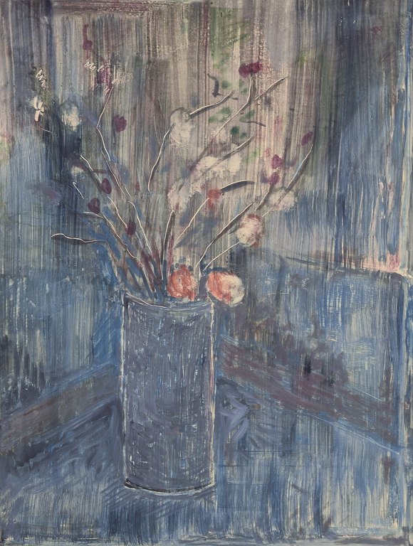 Lars Byström (1940-2006), Swedish artist. Tempera on board.Flowers in vase.