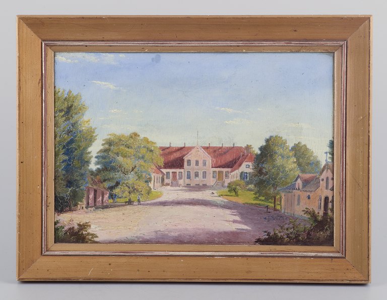 Ubekendt britisk maler. Olie på malerplade.Eksteriør, motiv af gods.