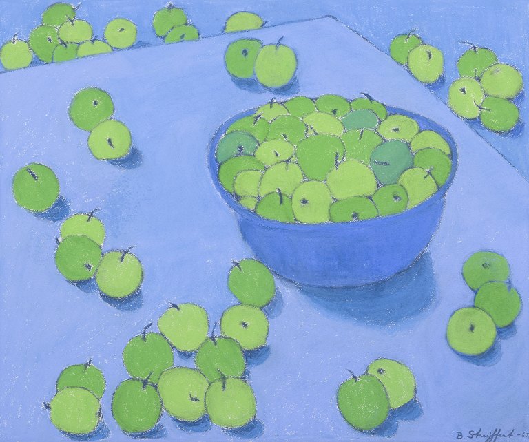 Brita Streijffert (1917-2006), svensk kunstner.Oliekridt på papir.Frugter i skål på bord.