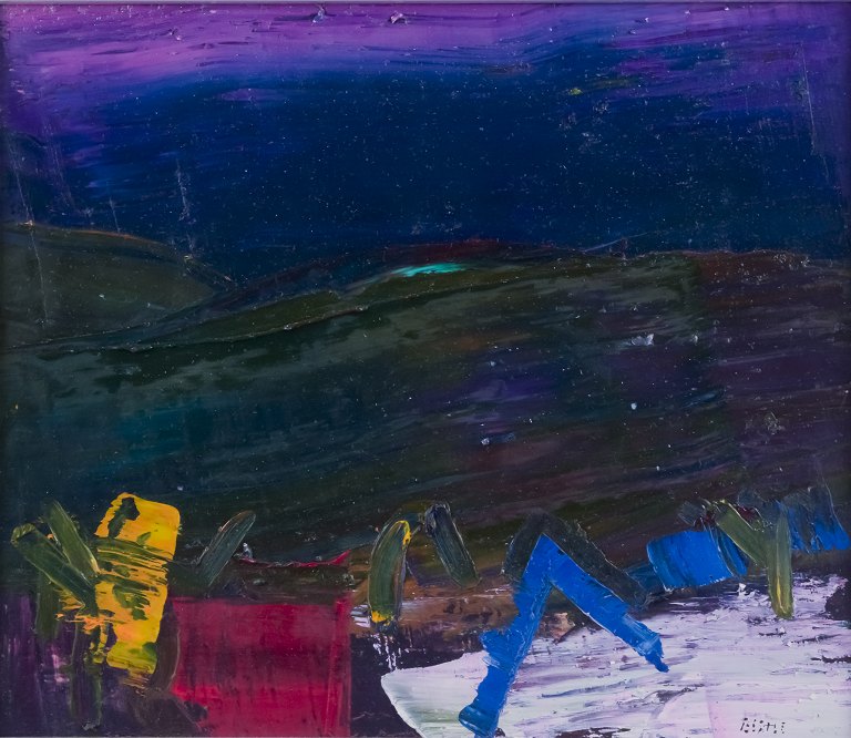 Lars Bertle (f. 1925), Svensk kunstner. Olie på plade. Abstrakt komposition.