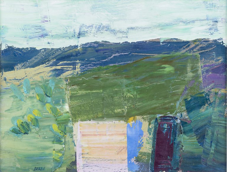 Lars Bertle, Svensk kunstner.Olie p&#229; malerplade.Abstrakt landskab fra Rhodos.