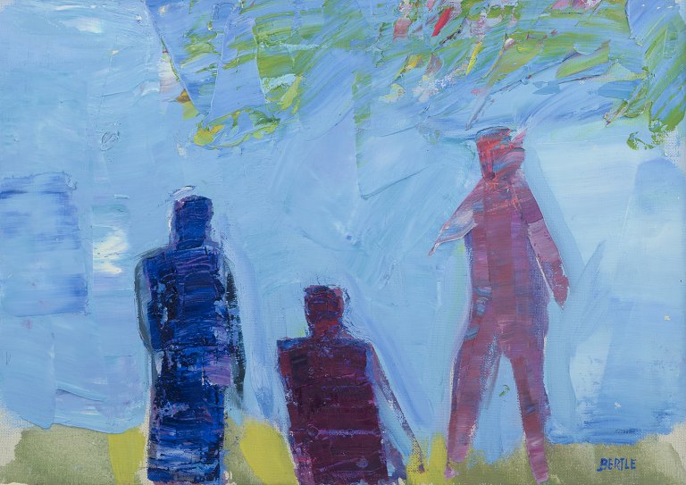 Lars Bertle, Svensk kunstner.Olie på lærred.Tre personer i landskab, abstrakt stil.