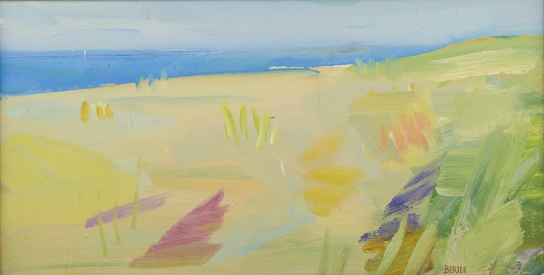 Lars Bertle, Svensk kunstner.Olie på malerplade.Abstrakt landskab med kyst, strand og klitter.
