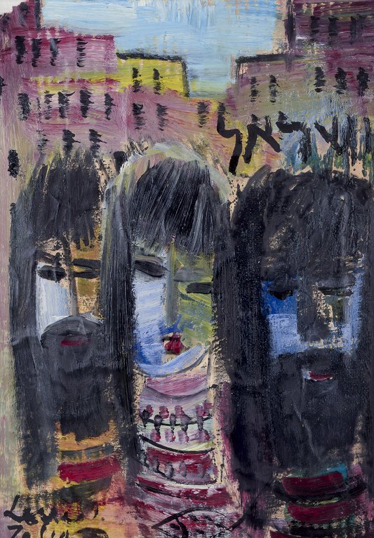 Louis Zelig (1922-1993), svensk kunstner.Olie på lærred.Bymotiv af tre personer i forgrunden.
