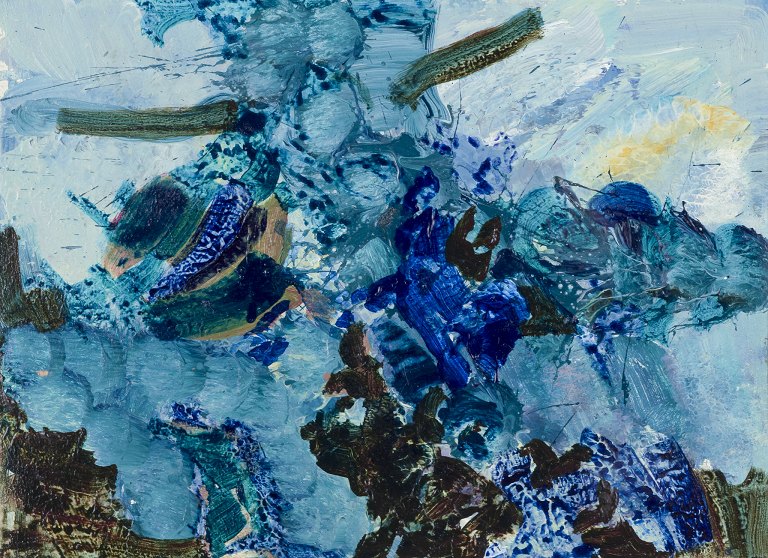 Torsten Hult (1922–2012), svensk kunstner.Olie på karton.Abstrakt komposition.