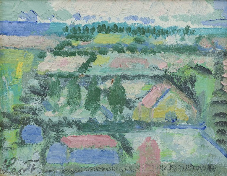 Leo Thellefsen (1909 - 1997), olie på plade. Modernistisk landskab.
