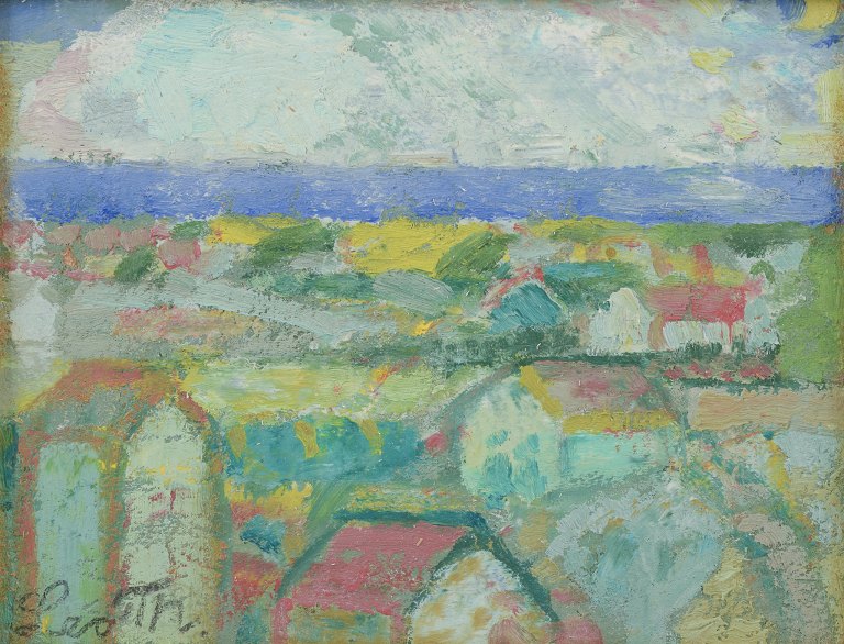 Leo Thellefsen (1909 - 1997), olie på plade. Modernistisk landskab.