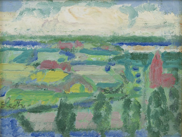 Leo Thellefsen (1909 - 1997), olie på plade. Modernistisk landskab.