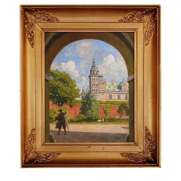 Paul Fischer maleri. Paul Fischer, 1860-1934, olie på plade. Parti fra Kronborg med svaner og par. Signeret Paul Fischer. Lysmål: 38x31cm. Med ramme: 55x48cm