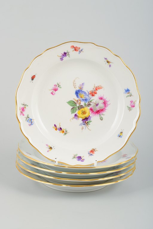 Meissen, et sæt på fem tallerkner i porcelæn.Håndmalet med forskellige blomstermotiver.