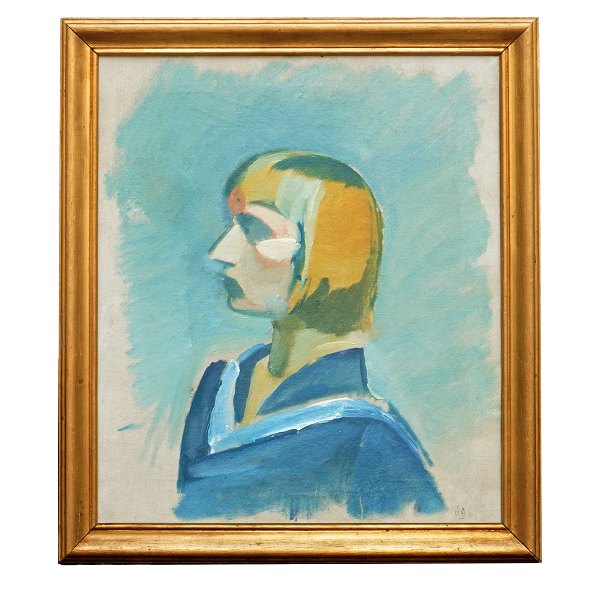 Harald Giersing maleri. Harald Giersing, 1881-1927, olie på lærred. Portræt af kunstnerens hustru Besse Giersing. Signeret. Udstillet på kunstnerens mindeudstilling 1927 og med stempel herfra. Lysmål: 60x50cm. Md ramme: 70x60cm