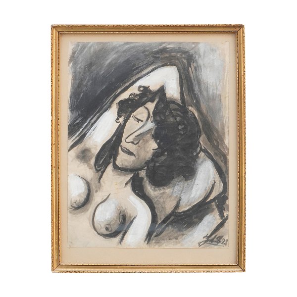 Barbermaleren John Christensen, 1896-1940, akvarel, gouache. Portræt af kunstnerens hustru.Signeret og dateret 1928.Lysmål: 28x22cm. Med ramme: 33x26cm