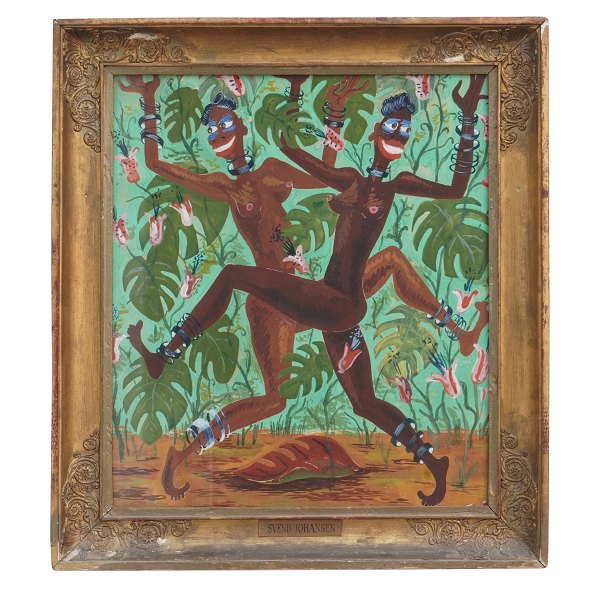 Svend Johansen gouache. Svend Johansen, 1890-1970, gouache. Motiv sandsynligvis inspireret af Josephine Bakers besøg i København 1928. Lysmål: 52x45cm.  Med ramme: 66x59cm