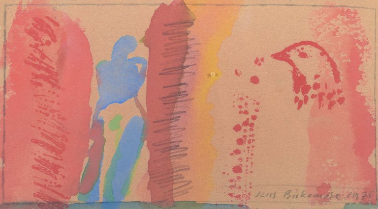 Jens Birkemose, Danmark.Akvarel på papir med fuglemotiv, 1975.