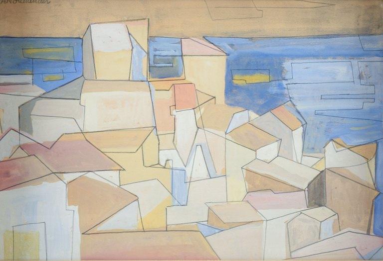 Pär Nordlander (1920–2001). Abstrakt bylandskab ved havet.Mixed media på papir.