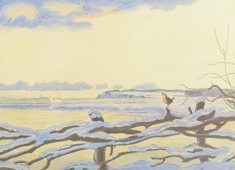 Johannes Larsen, Danmark."Decembermorgen", ca. 1908. Tryk.