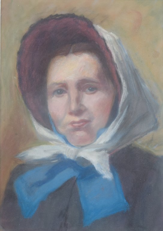 Unknown artist, early 20th century.Pastel on paper. Portrait of a woman wearing a white headscarf, dark bonnet, and blue ribbon.