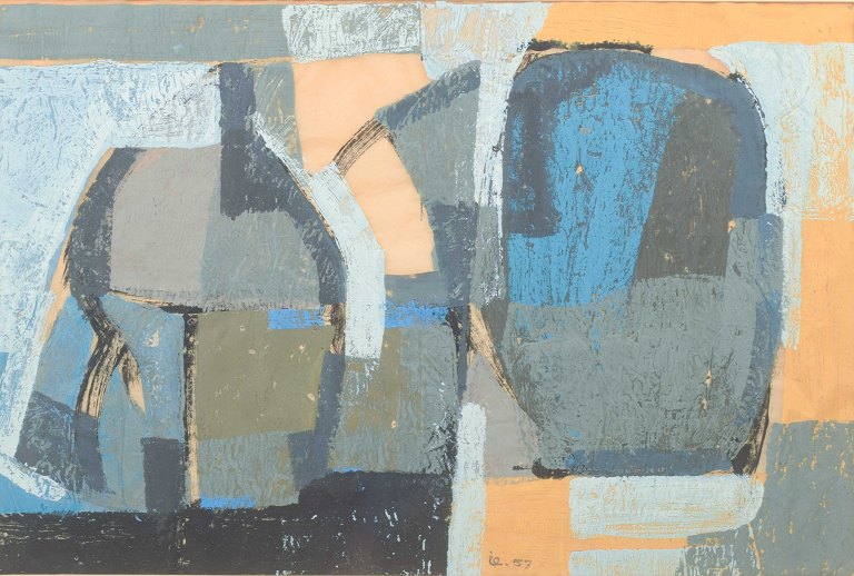 Ubekendt skandinavisk kunstnerAbstrakt komposition.Mixed media på papir, signeret og dateret “ie. 57”.