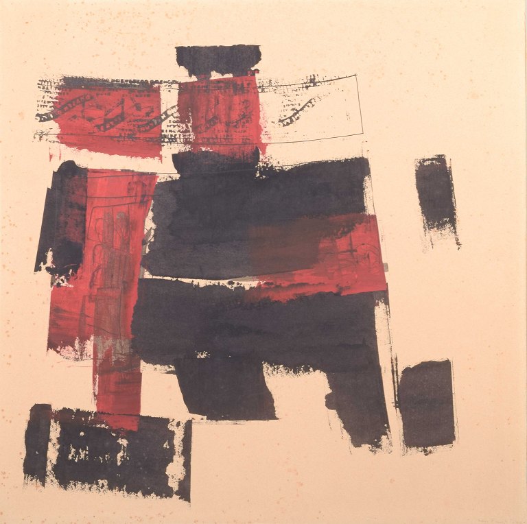Hans FunchAbstrakt komposition, 1964.Farvelitografi i sort og rød.