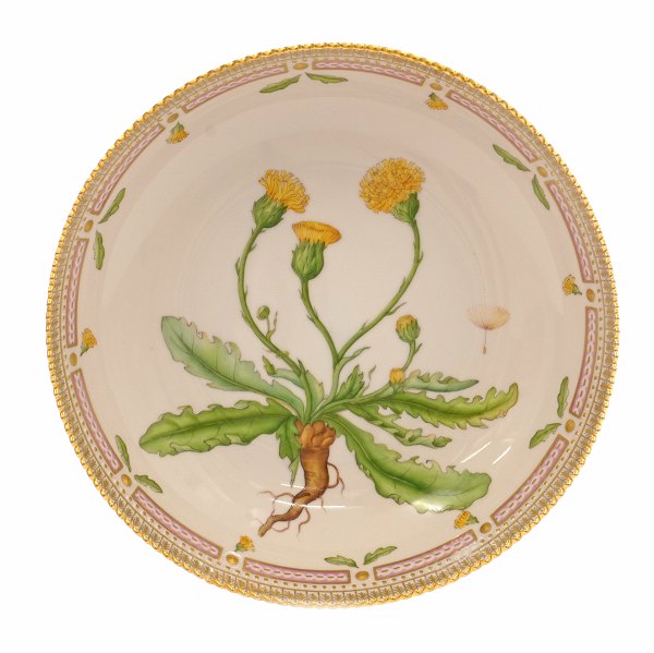 Royal Copenhagen Flora Danica rund skål #3505. "Leontodon hirtum Müll". År 1979-83. H: 6cm. D: 25cm