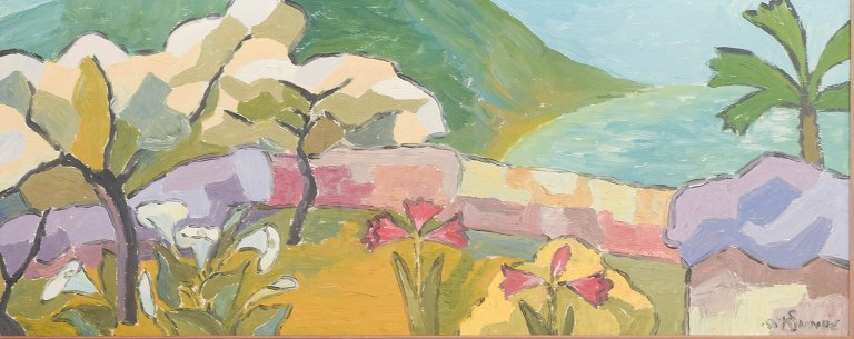 Kaare Sunde, norsk kunstner.Eksotisk landskab.Olie på lærred, 1955.