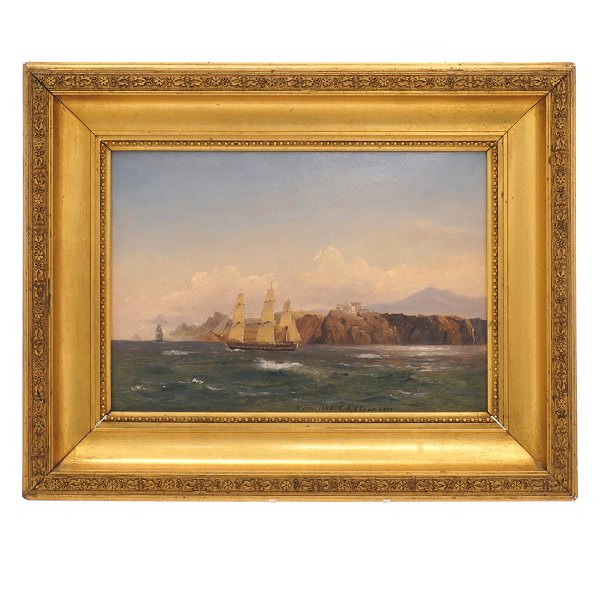 C. F. Sørensen Maleri.Carl Frederik Sørensen, 1818-79, olie på plade. Marinemotiv. Signeret og dateret 5. juni 1845. Lysmål: 23x33cm. Med ramme. 29x39cm