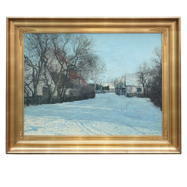 Ole Ring maleri. Ole Ring, 1902-72, olie på lærred. Vinterdag i snedækket landsby. Signeret og dateret 1963. Lysmål: 57x75cm. Med ramme: 76x94cm