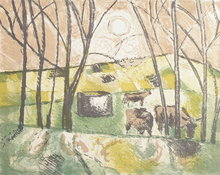 Poul Ekelund (1921–1976)Farvelitografi med køer i landskab, 1972.