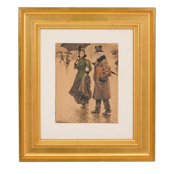 Paul Fischer akvarel. Paul Fischer, 1860-1934, Tusch og vandfarve. Spadserende par i regnvejr. Signeret Paul Fischer. Lysmål: 24x19cm. Med ramme: 46x41cm