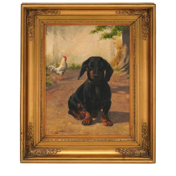 Simon Simonsen maleri. Simon Simonsen, 1841-1928, olie på lærred. Motiv i form af gravhund med høne. Signeret Simon Simonsen og dateret 1920. Lysmål: 23x32cm. Med ramme: 54x43cm