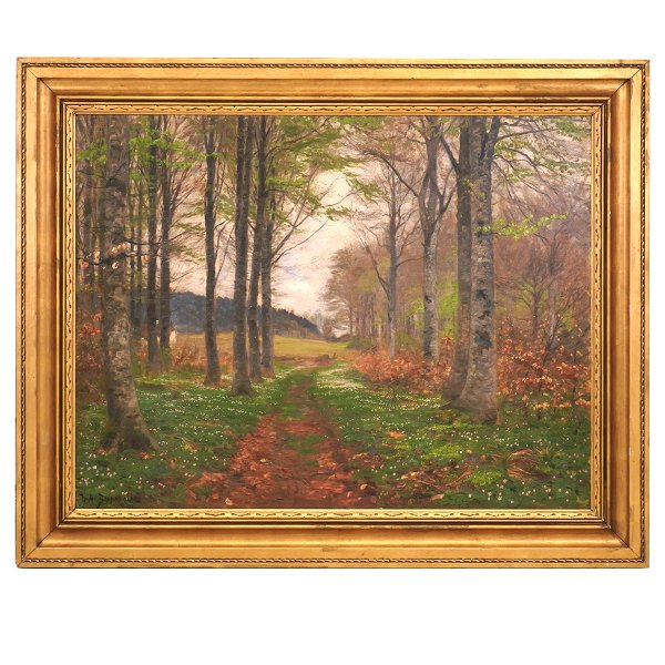 Hans Andersen Brendekilde, 1857-1942, oil on canvas. Forest on a spring day. Signed. Visible size: 89x115cm. With frame: 115x141cm