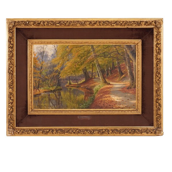 Peder Mønsted maleri. Peder Mønsted, 1859-1941, olie på lærred. Parti med åløb ved Sorgenfri. Signeret og dateret "P. Mønsted Sorgenfri 1890". Lysmål: 40x64cm. Med ramme: 70x94cm