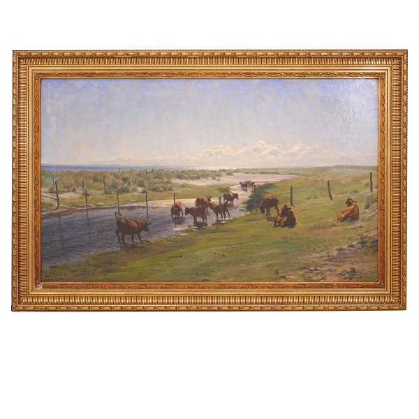 Gotfred Rode, 1862-1937, oil on canvas. Large landscape with cows. Signed. Visible size: 85x140cm. With frame: 111x164cm