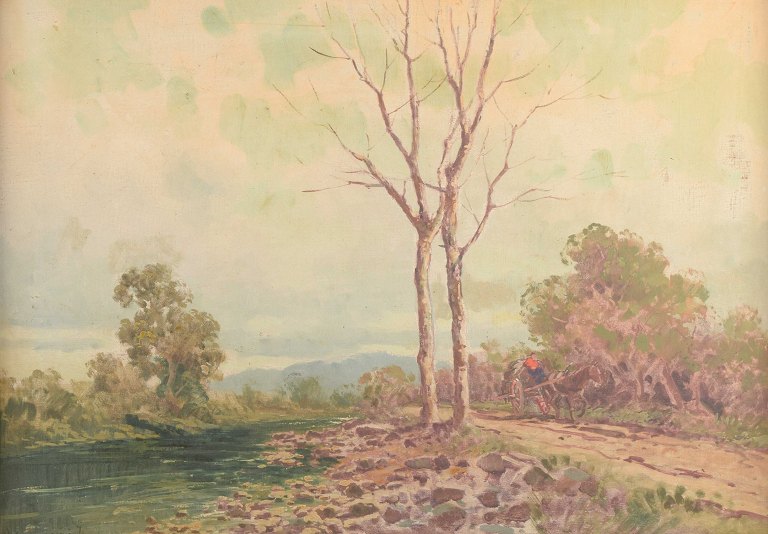 Ilio Giannaccini (1897-1968)Landscape with road and cart driver.Oil on canvas.