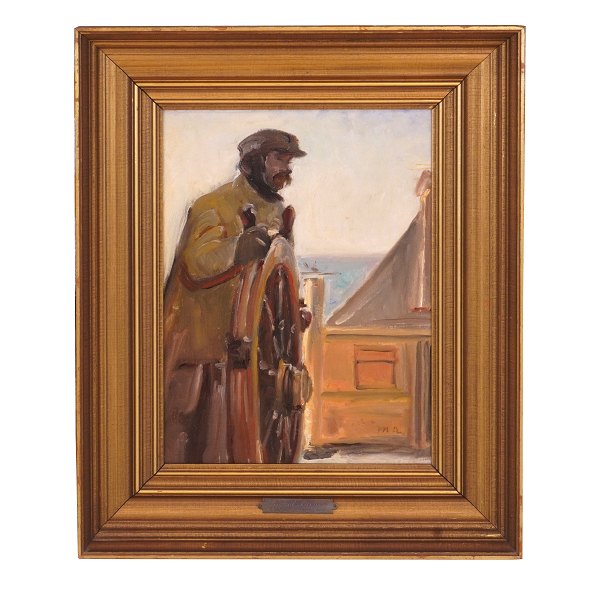 Michael Ancher painting. Michael Ancher, 1849-1927, oil on canvas. Signed "ma". Helmsman steering. Nice condition with two small restorations. Visible size: 37x27cm. With frame: 55x45cm