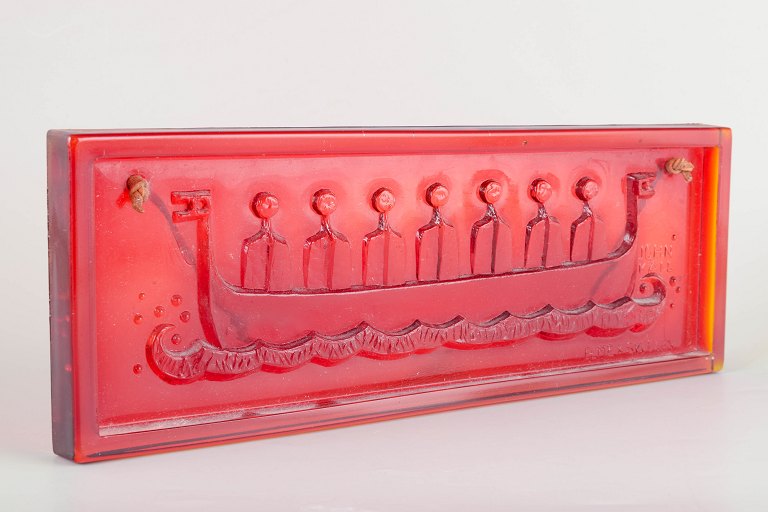 John Käll for Elme SwedenWall-mounted art glass relief with Viking ship, 1970s.