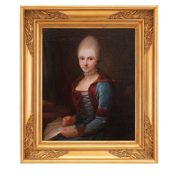 Jens Juel portræt. Jens Juel, 1745-1802, olie på lærred, dubleret. Portræt af ung pige siddende med sit sytøj. Malt ca. 1768. Ellen Poulsen nr. 71, afb. p. 47. Lysmål: 33x28cm. Med ramme: 46x41cm