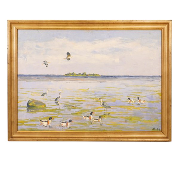 Johannes Larsen maleri. Johannes Larsen, 1867-1961, olie på lærred. Gravænder og hejrer. Signeret 1943. Lysmål: 59x83cm. Med ramme: 70x94cm