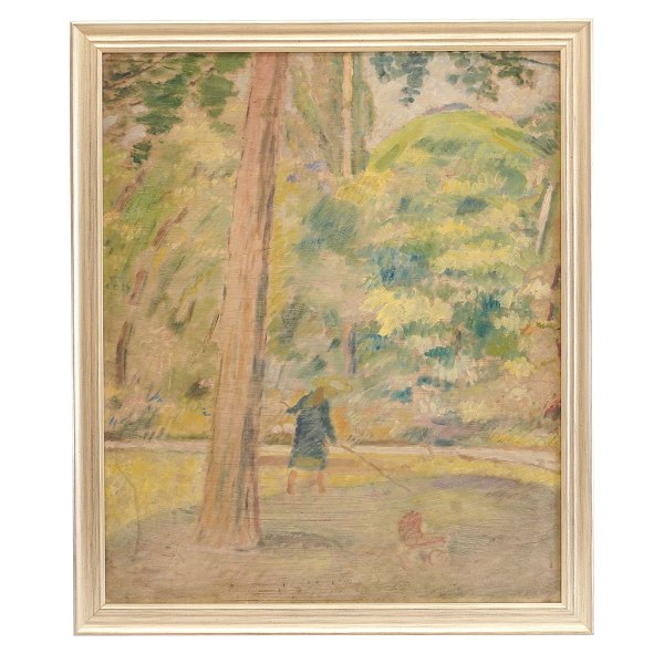 Harald Gierisng, 1881-1927, Öl auf Platte. Frau in einem Garten. 1908. Signiert. Lichtmasse: 74x60cm. Mit Rahmen: 82x68cm