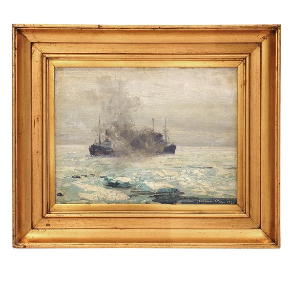 Christian Benjamin Olsen, 1873-1935, Öl auf Holz. Marinenmotiv mit Dampschiff im Eismeer. Signiert und datiert 1924. Lichtmasse: 19x26cm. Mit Rahmen: 31x37cm