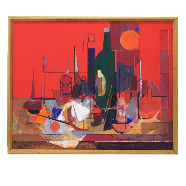 Maleri Helge Ernst. Helge Ernst, 1916-91, olie på lærred. "Den Grønne Flaske". Signeret og dateret 1975. Lysmål: 59x73cm. Med ramme: 64x78cm