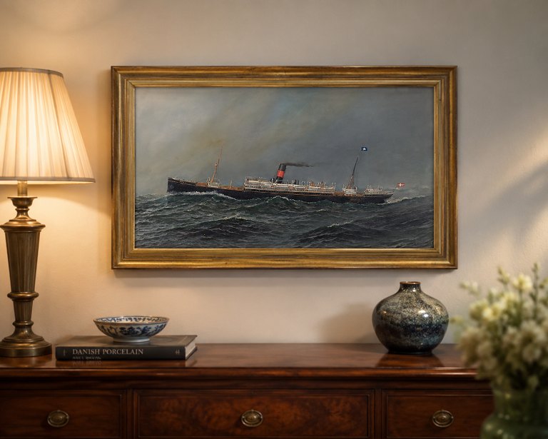 Antonio Jacobsen, oil on artist board, listed Danish-American marine painter.
