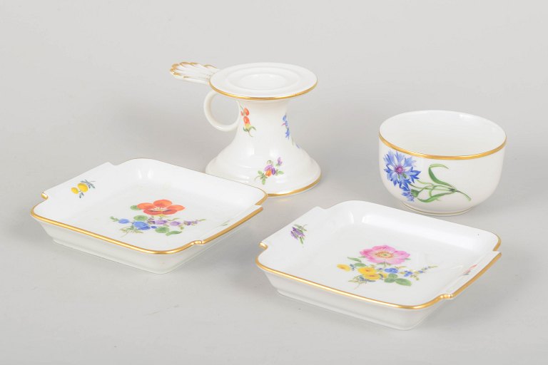 Meissen, candlestick, small bowl and two small dishes.