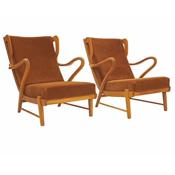 A pair of armchairs designed by Otto Færge and produced circa 1939–45. Oak frame. Newly upholstered in BOLD mohair fabric by Pierre Frey in light honey-brown tones. Only three examples of this model are known.H: 84cm. W: 76cm. D: 88cm