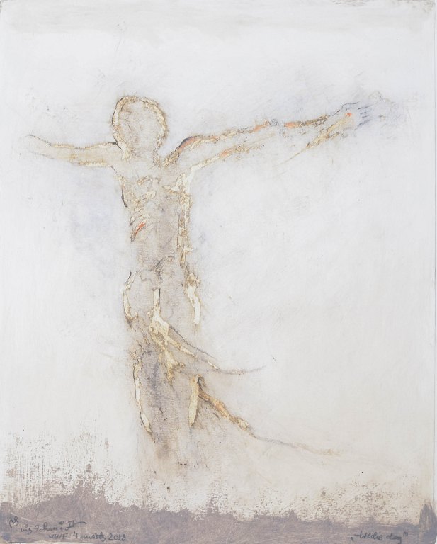 Nis Schmidt, "Tredie dag", mixed media på papir, listet dansk billedkunstner.