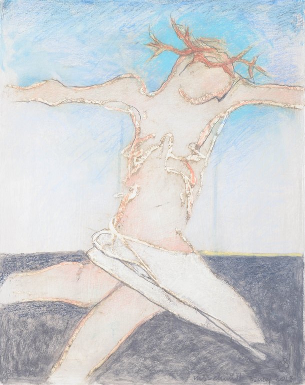 Nis Schmidt, "Pietà", mixed media on paper, listed Danish visual artist.