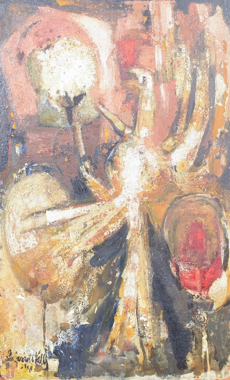 Josep Puigmartí Valls, abstrakt komposition, olie på plade, listet spansk kunstner.