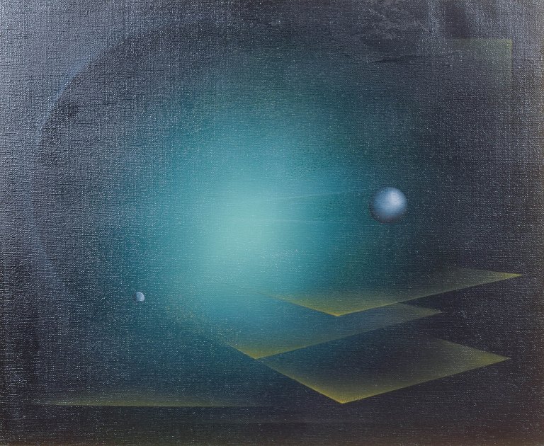Bo Örn, “Materians flykt”, surrealistisk komposition, oliemaleri på lærred, listet svensk kunstner.