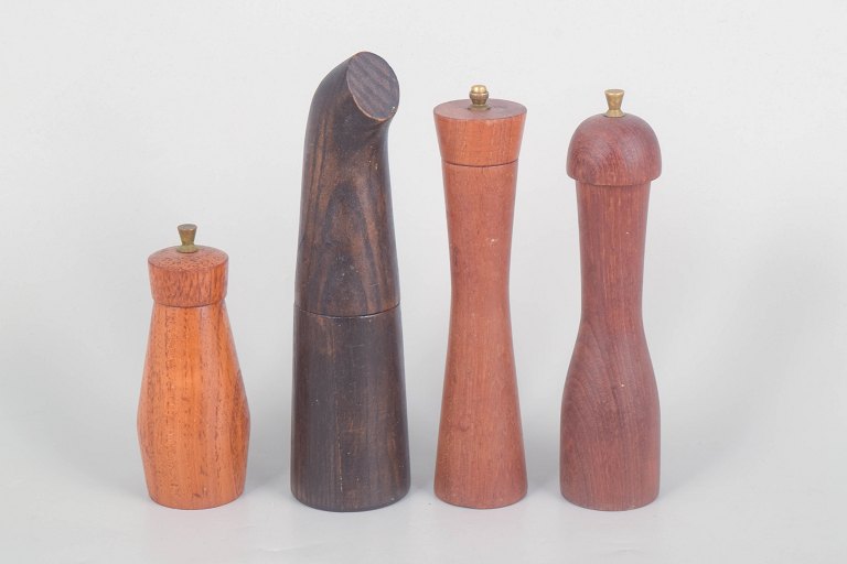 Collection of four Danish  salt and pepper mills in exotic wood, circa 1960s.